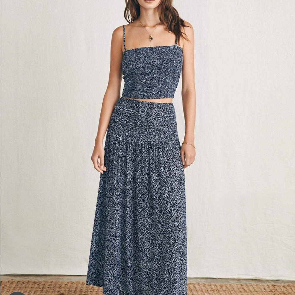 Matching Set - Blue and White Maxi A-Line Skirt + Smocked Top (Skirt: M; Top: L)